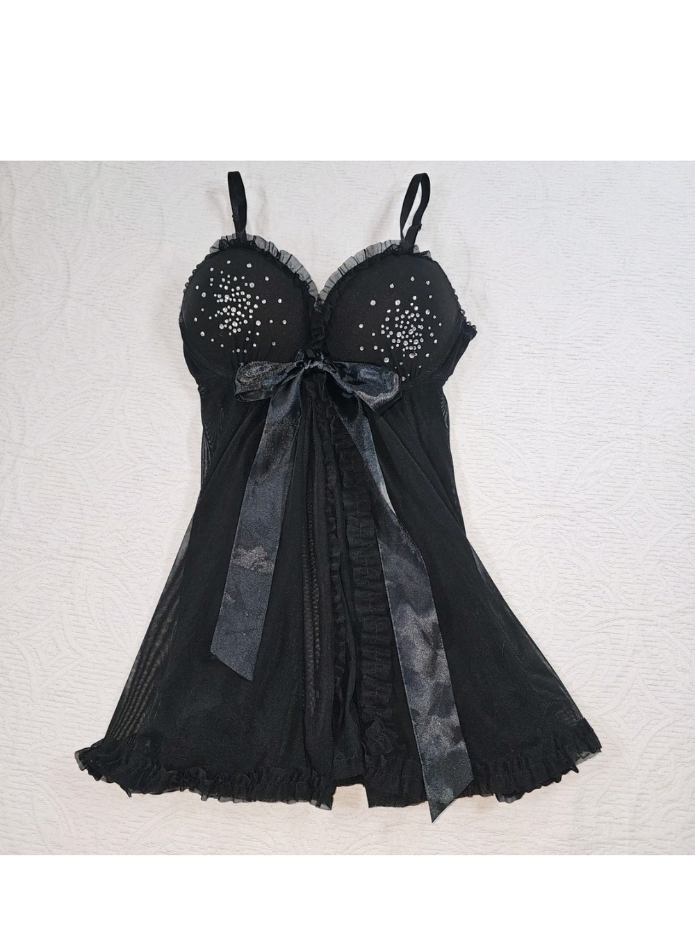 Jessica McClintock Sexy Lingerie Intimates Rhinestones Lace Satin Babydoll M 36C